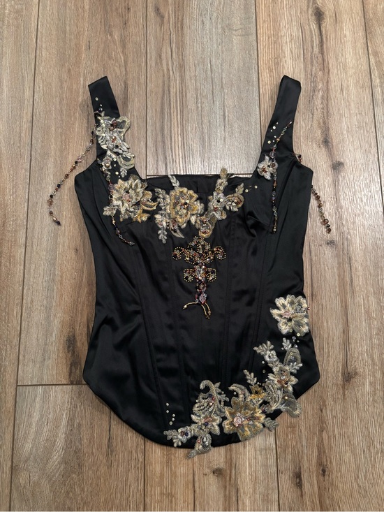 Mandalay Tops - New Vintage Y2K Black & Gold Beaded & Embroidered Fairy Corset Top by Mandalay